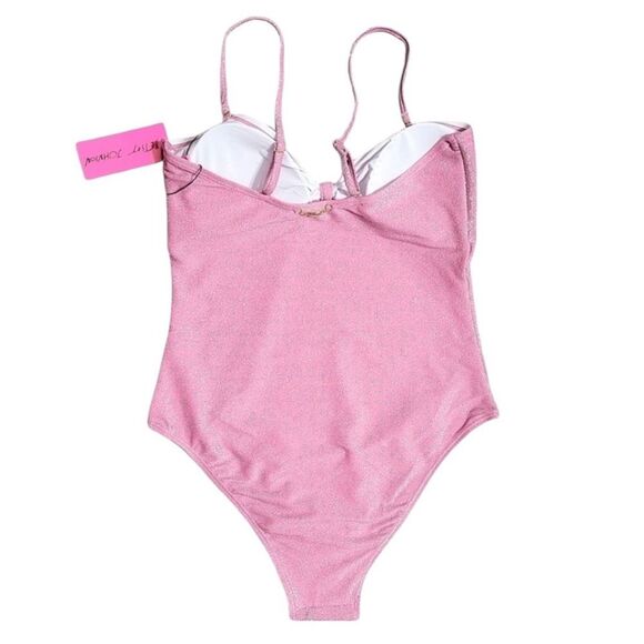 Betsey Johnson Barbie Pink Metallic Glitter Sweetheart Bow Keyhole Swimsuit - Picture 6 of 12